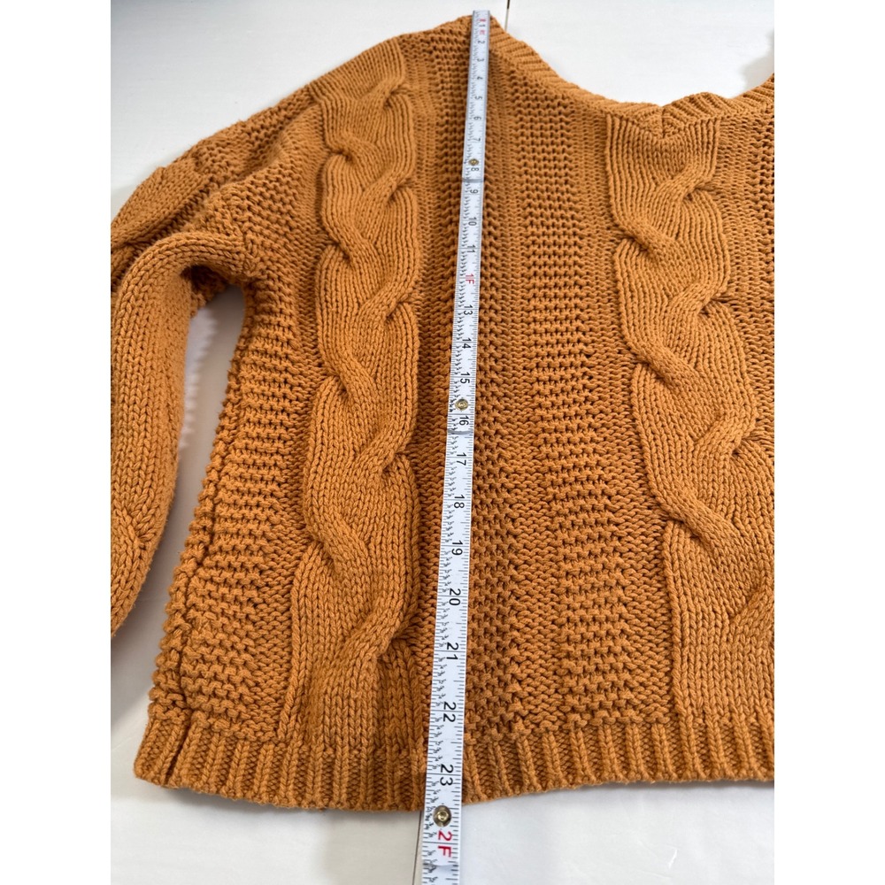 Mustard Orange Chunky Cable Knit V-Neck Oversized Sweater Womens‎ Relaxed Fit - Picture 9 of 12